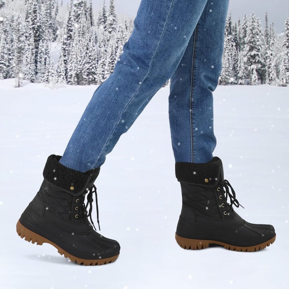 Women's Black Waterproof Insulated Snow Boots Lace-Up Mid Calf Duck Boots - Picture 7 of 7